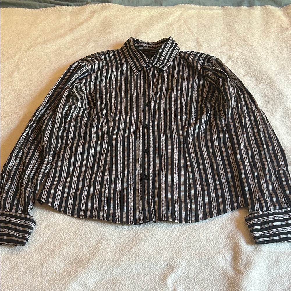 New York & Company Black Striped Button Down Shirt